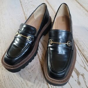 Sam Edelman Laurs Black Patent Platform Lug Sole Loafers 7.5 Gold Buckle